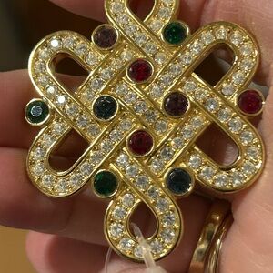 JCPenney Gold Brooch With Clear Jewels and Also Red and Green Accents